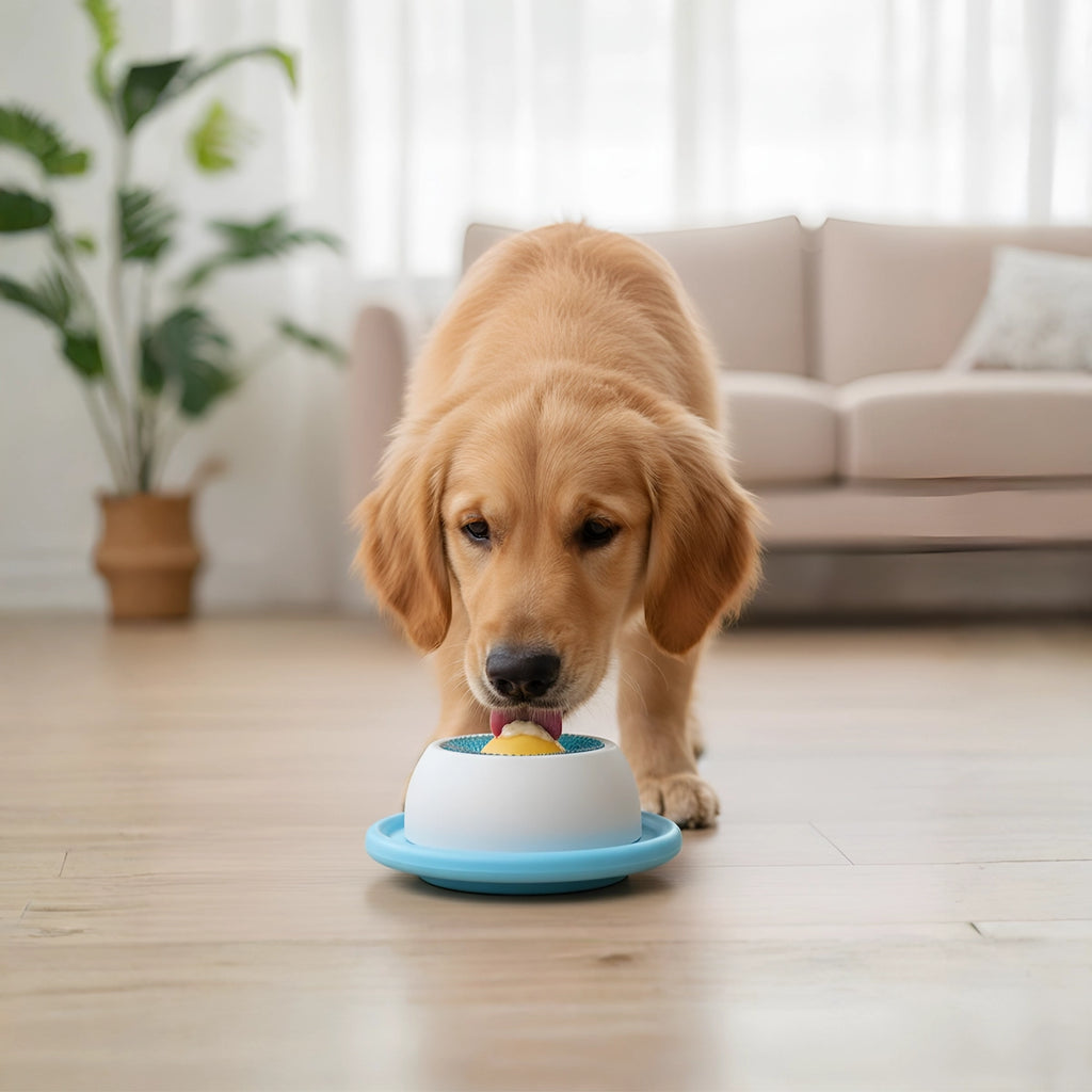 Golden Retriever dog using DogEase treat and lick toy for calming and anxiety relief
